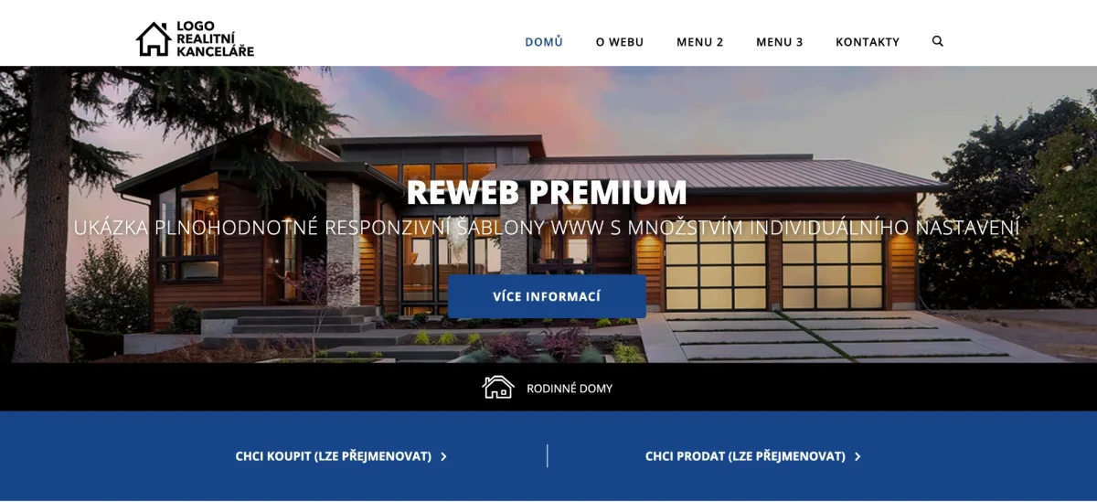 Ukázka webu realitní kanceláře v šabloně REWEB Premium – úvodní stránka s fotografií, menu a nabídkou nemovitostí